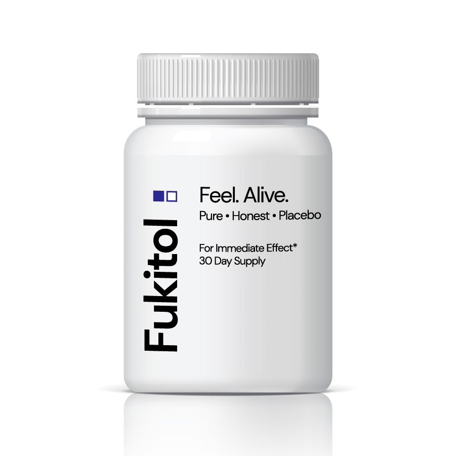 A bottle of Fukitol™ lit like an object in a studio