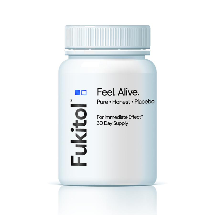 Fukitol Original bottle of thirty honest placebo capsules with blue label
