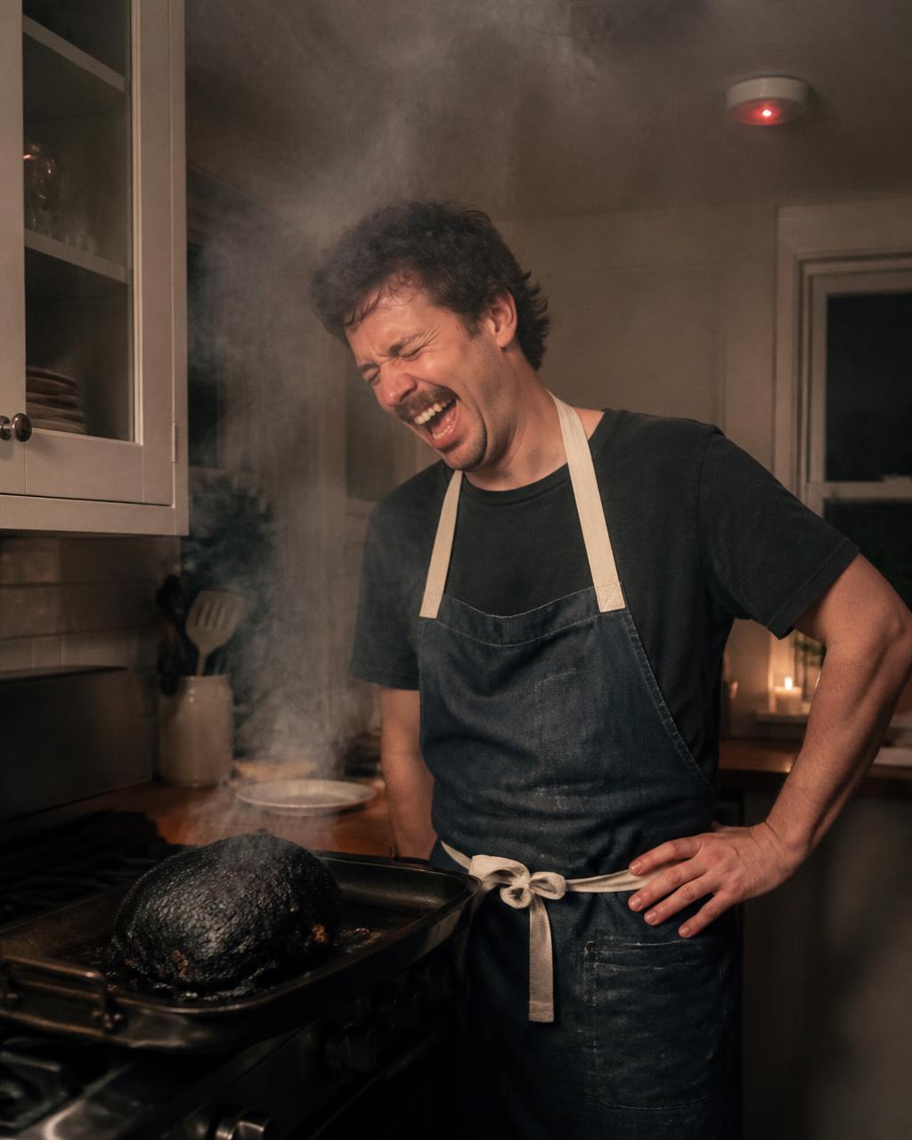 Man laughing at a burnt smoking dinner in a home kitchen