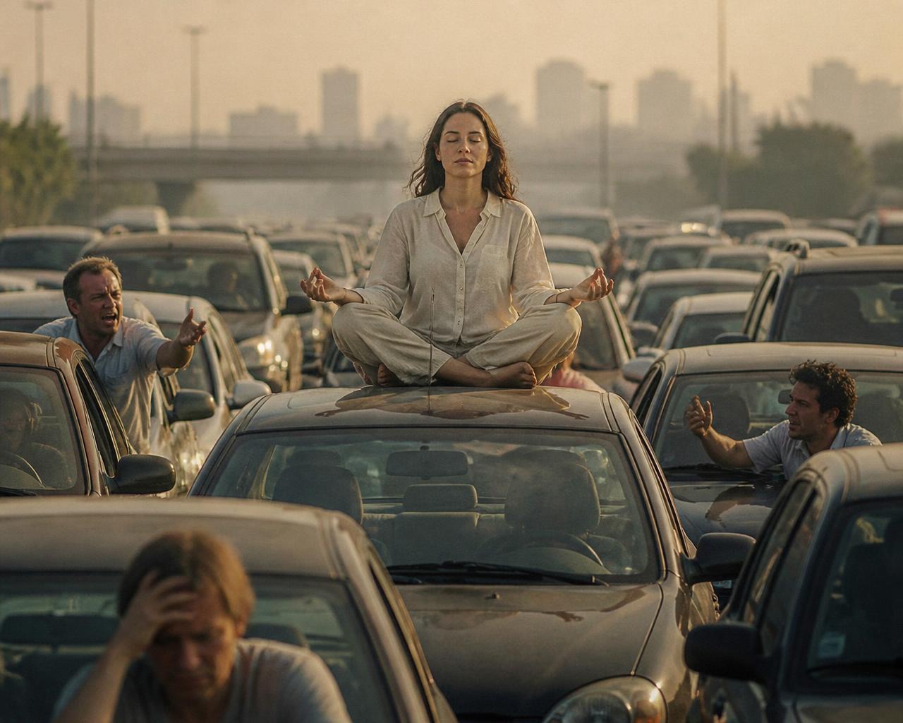 Woman meditating on her car roof in a traffic jam