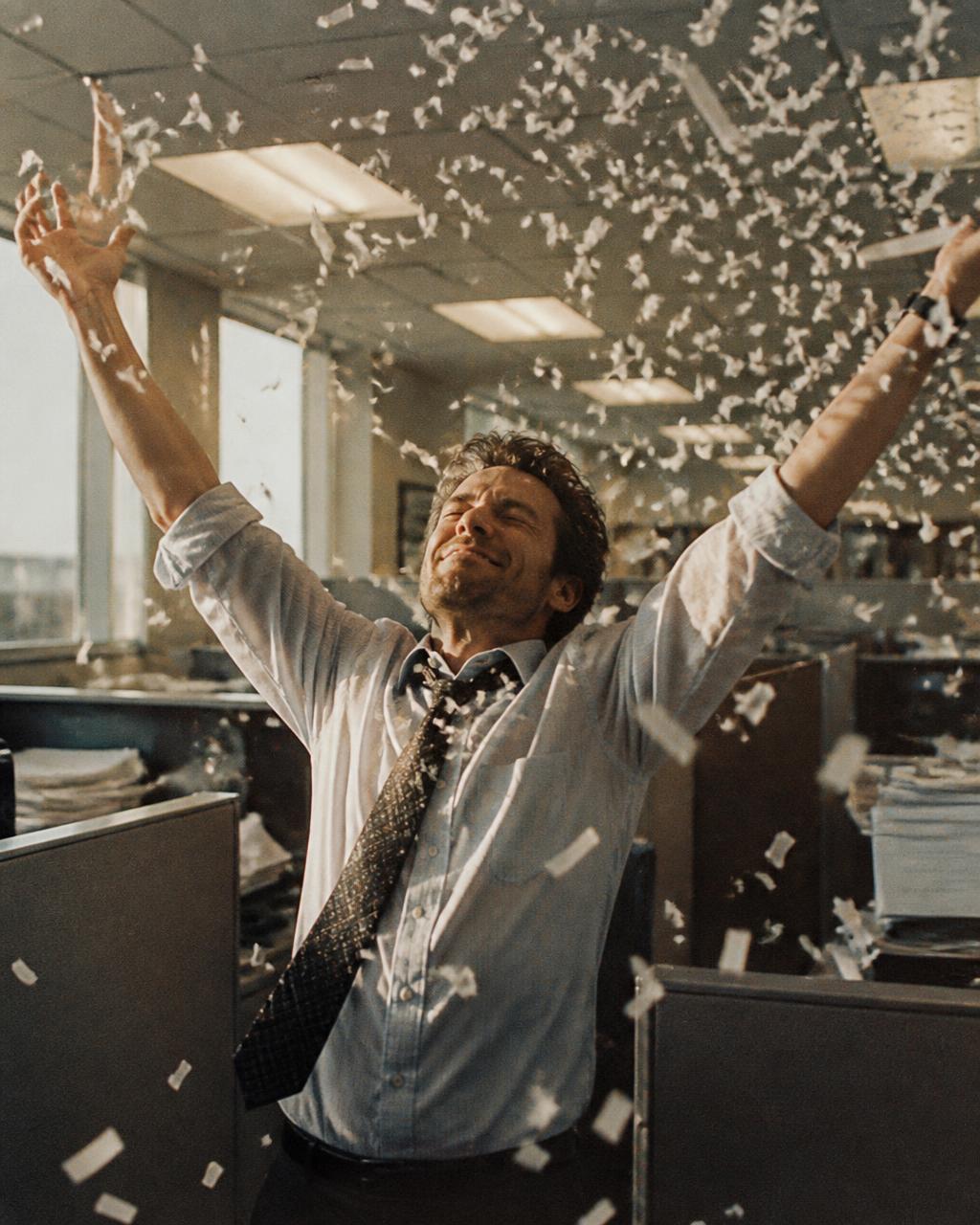 Office worker throwing shredded paper like confetti