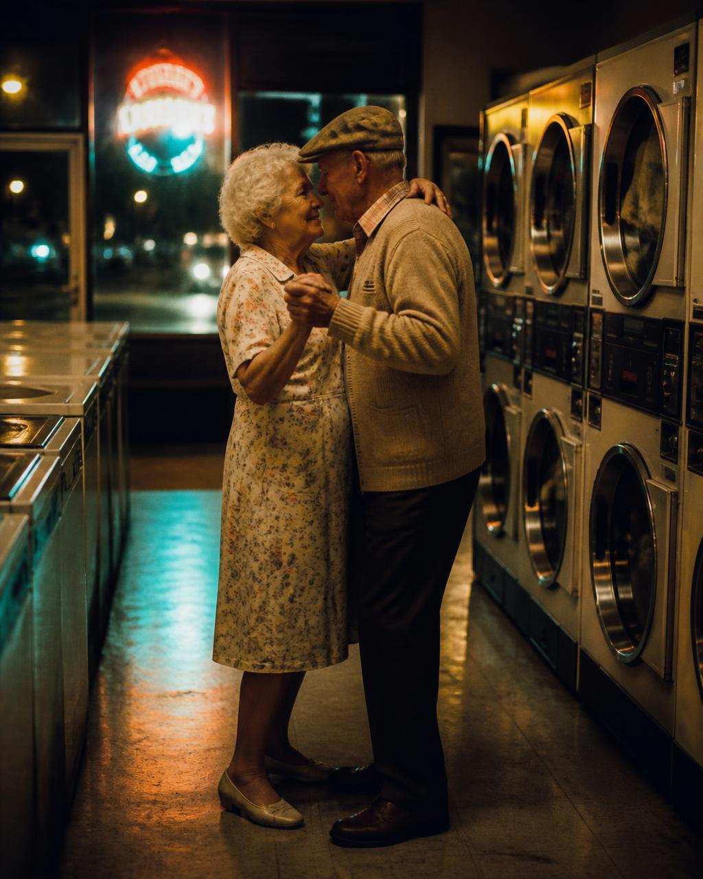 Elderly couple slow dancing in a laundromat at night