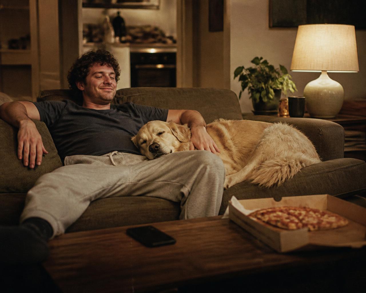 Man on a couch with his dog, phone ignored, pizza box open