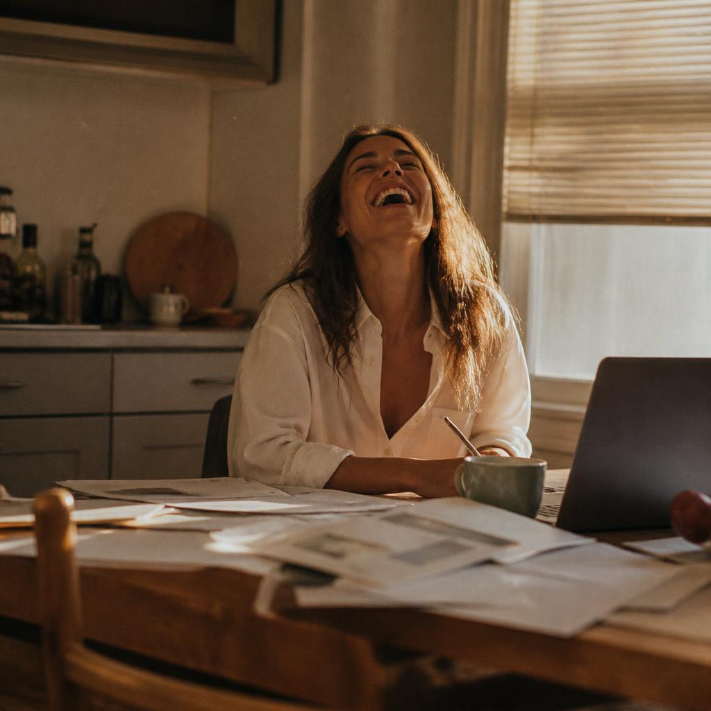 Woman laughing over a pile of unopened mail at a kitchen table