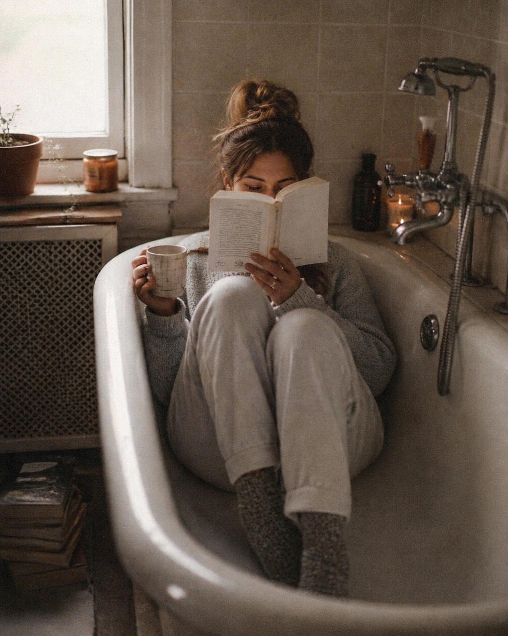 Woman reading a book in a dry bathtub with coffee