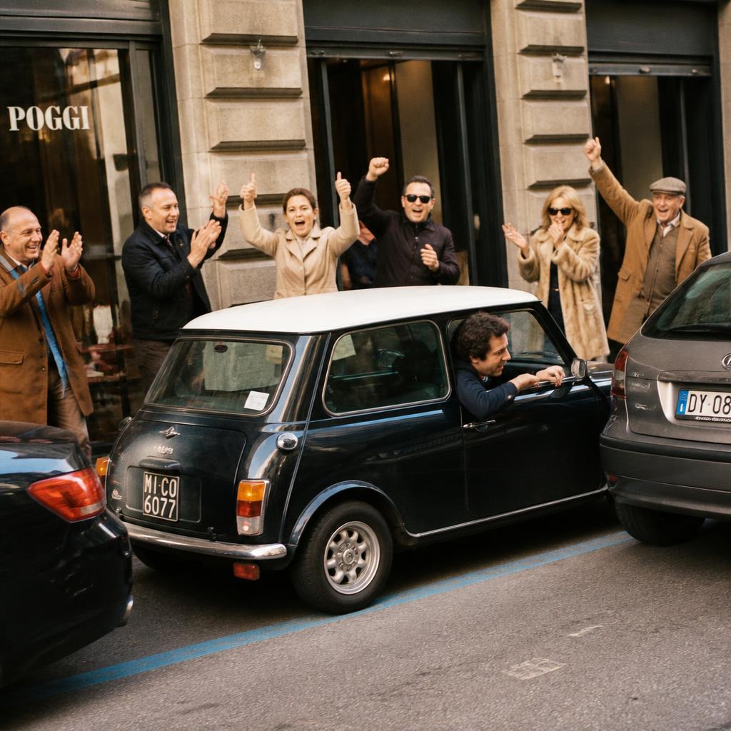 Man trying to parallel park a tiny car while pedestrians cheer