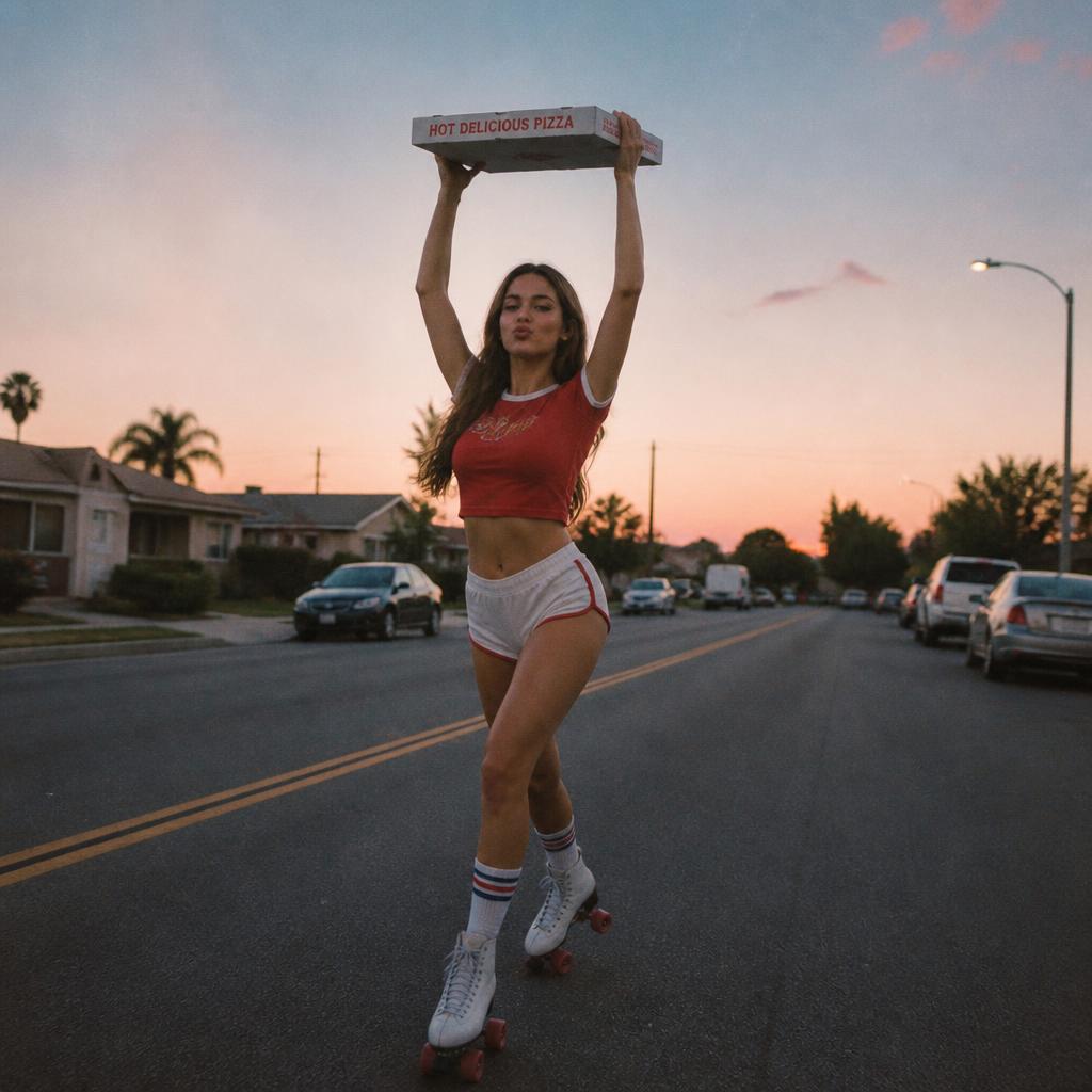 Woman on roller skates holding a pizza box high above her head