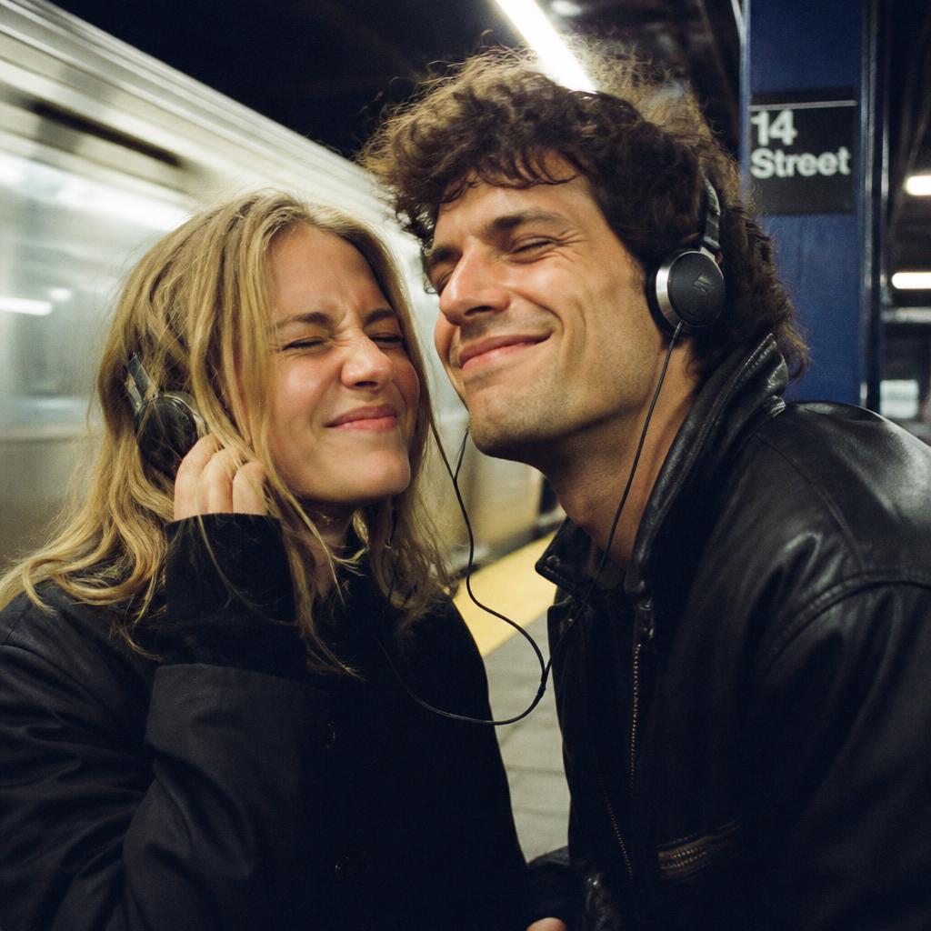 Couple sharing headphones on a subway platform at night