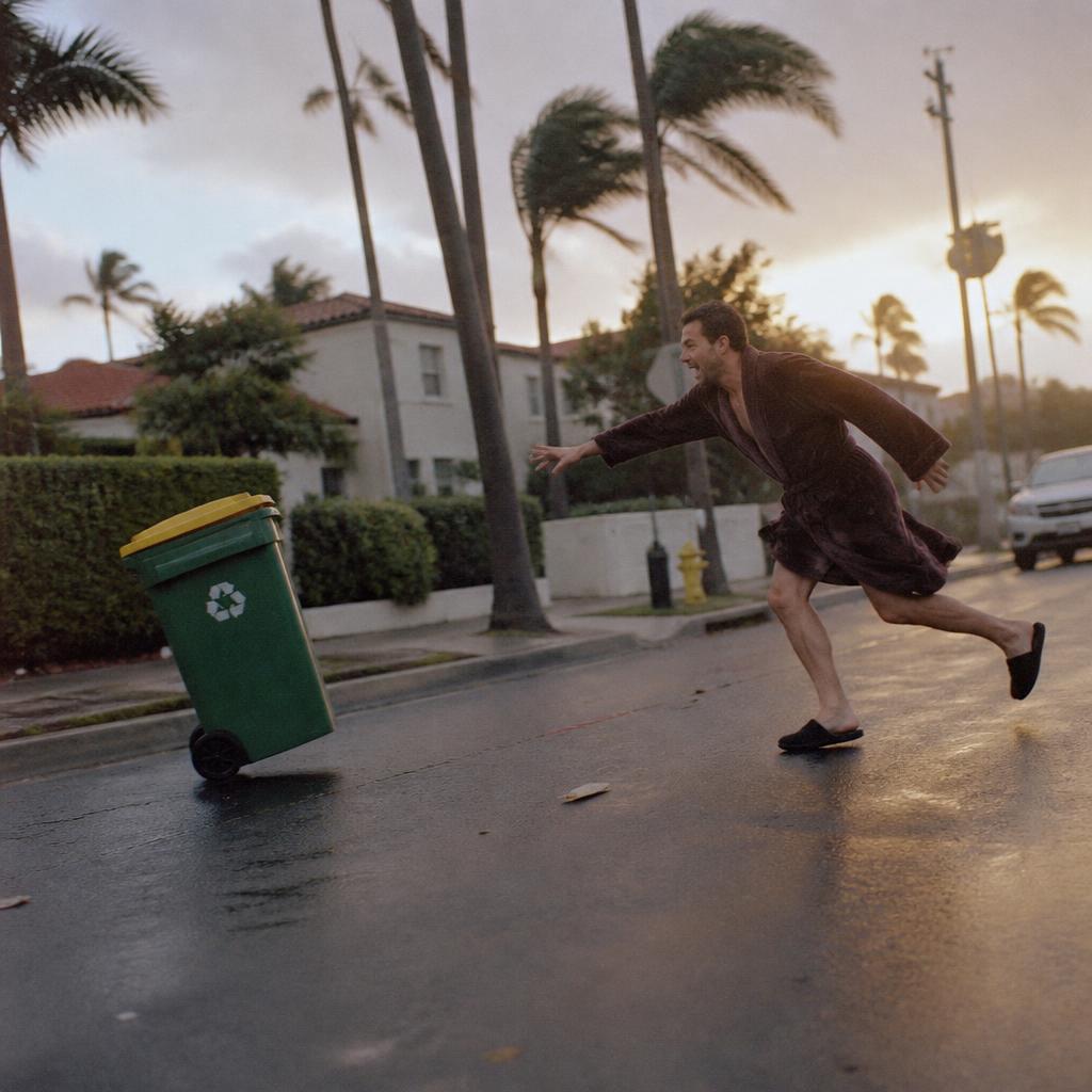 Man in a bathrobe chasing a runaway recycling bin down the street