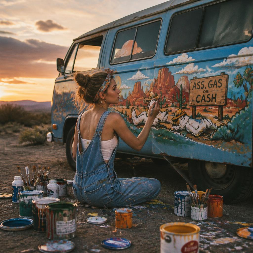 Woman painting a mural on the side of a van in the desert at sunset