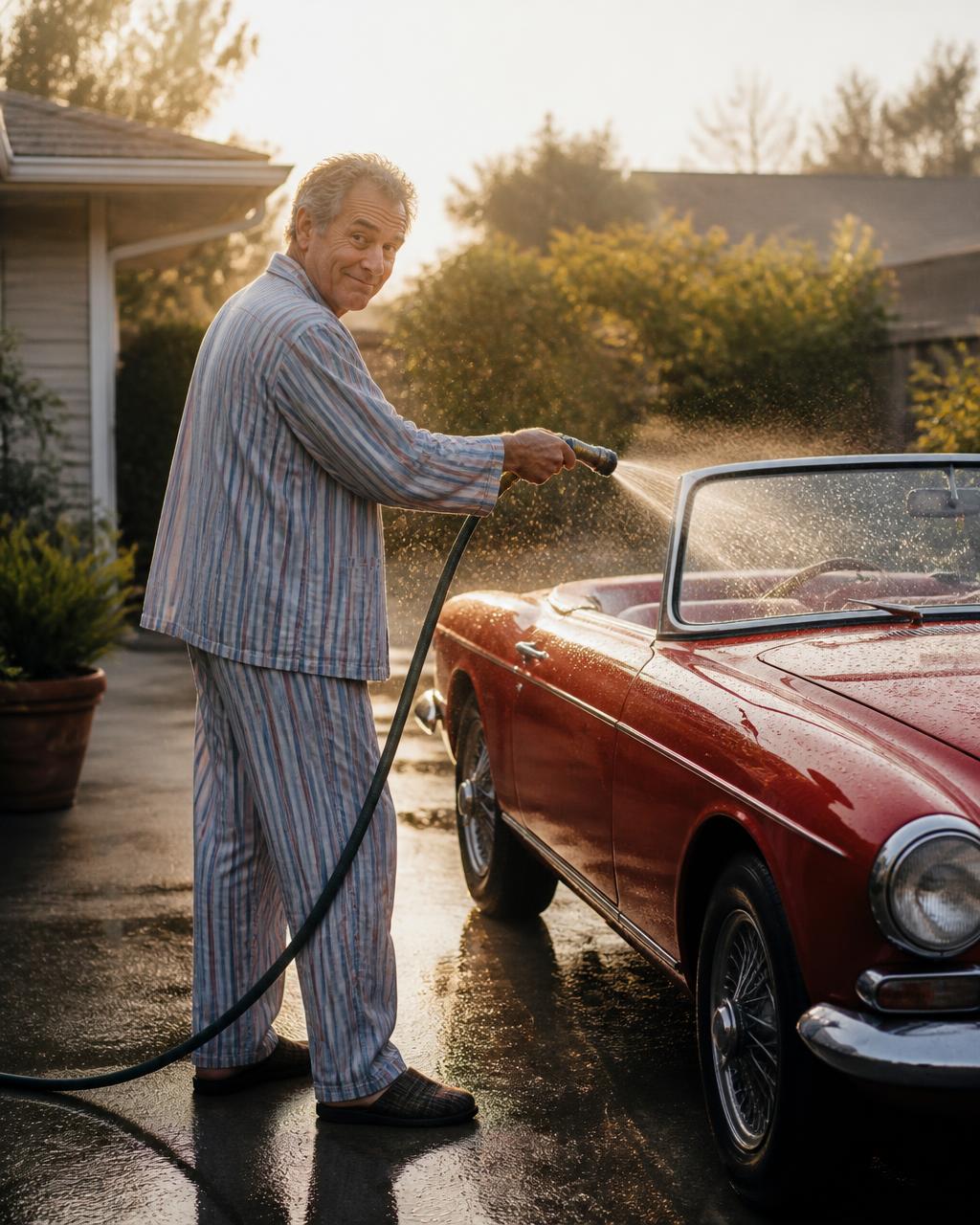 Older man in pajamas washing a classic convertible at dawn