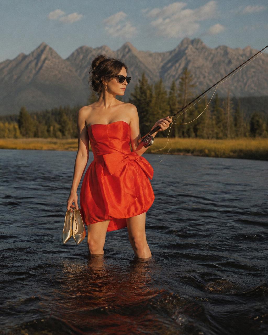 Woman in a cocktail dress fly-fishing in a shallow river