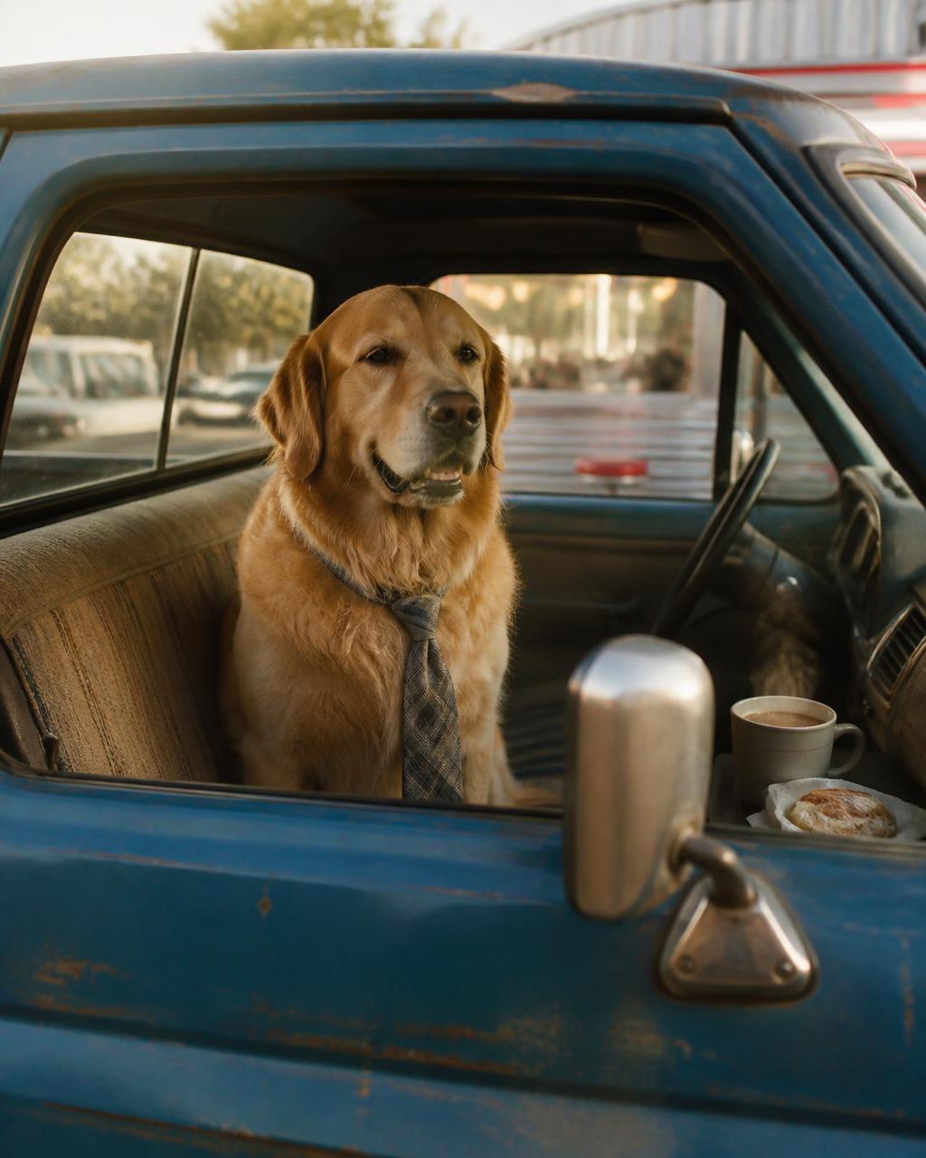 Golden retriever in a plaid necktie riding in an old pickup