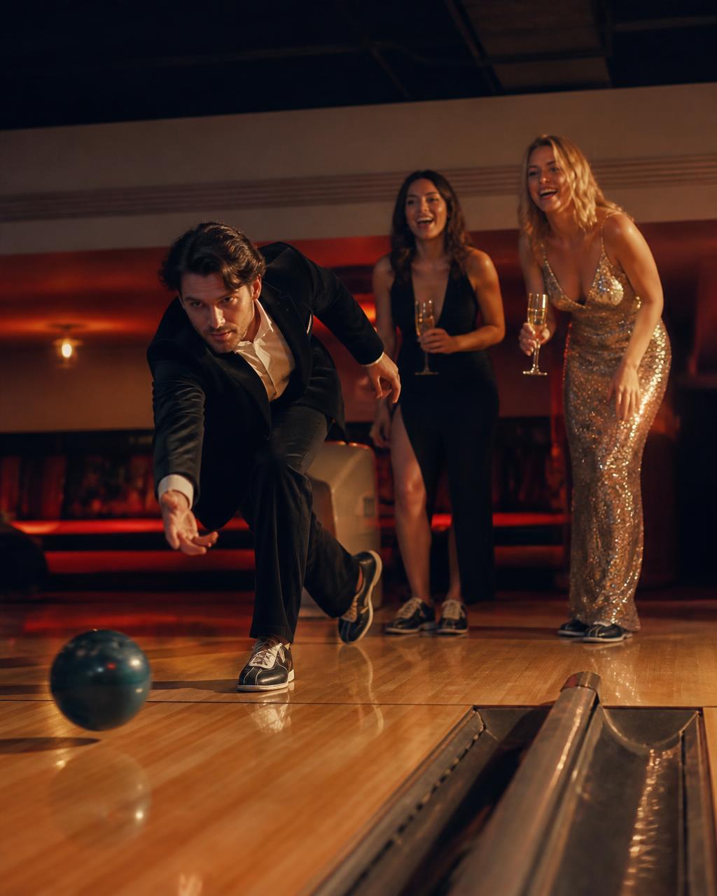 Friends in evening wear bowling after midnight