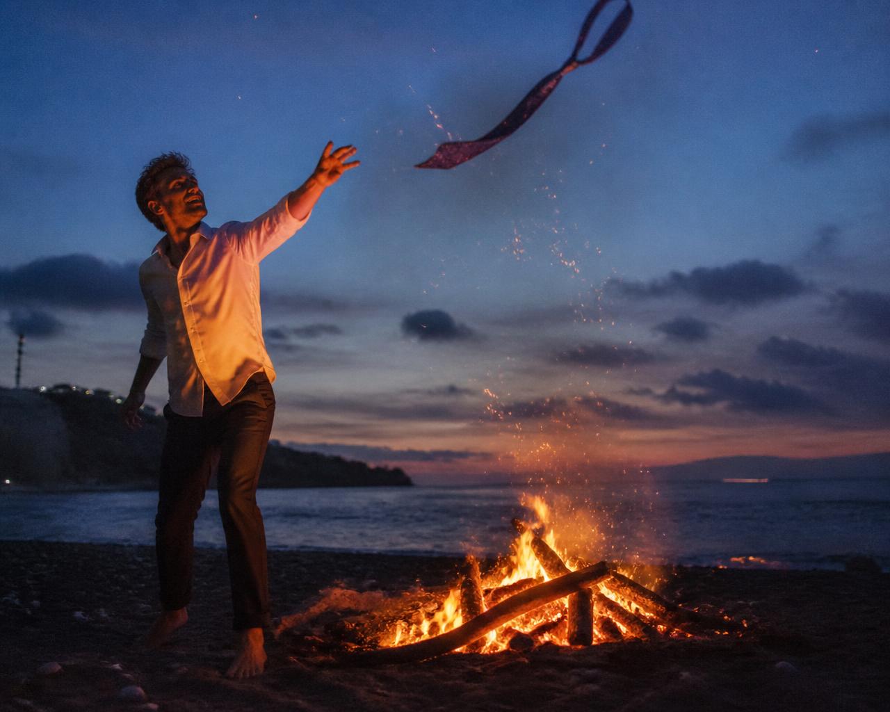 Man tossing his necktie into a beach bonfire at dusk
