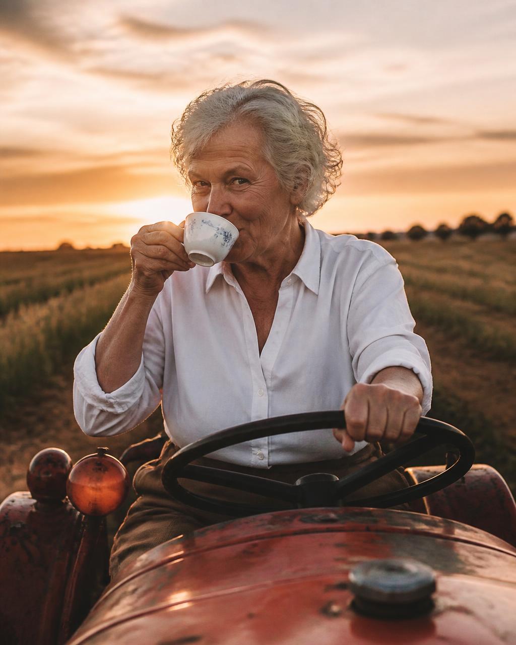 Older woman driving a vintage tractor while sipping from a china cup