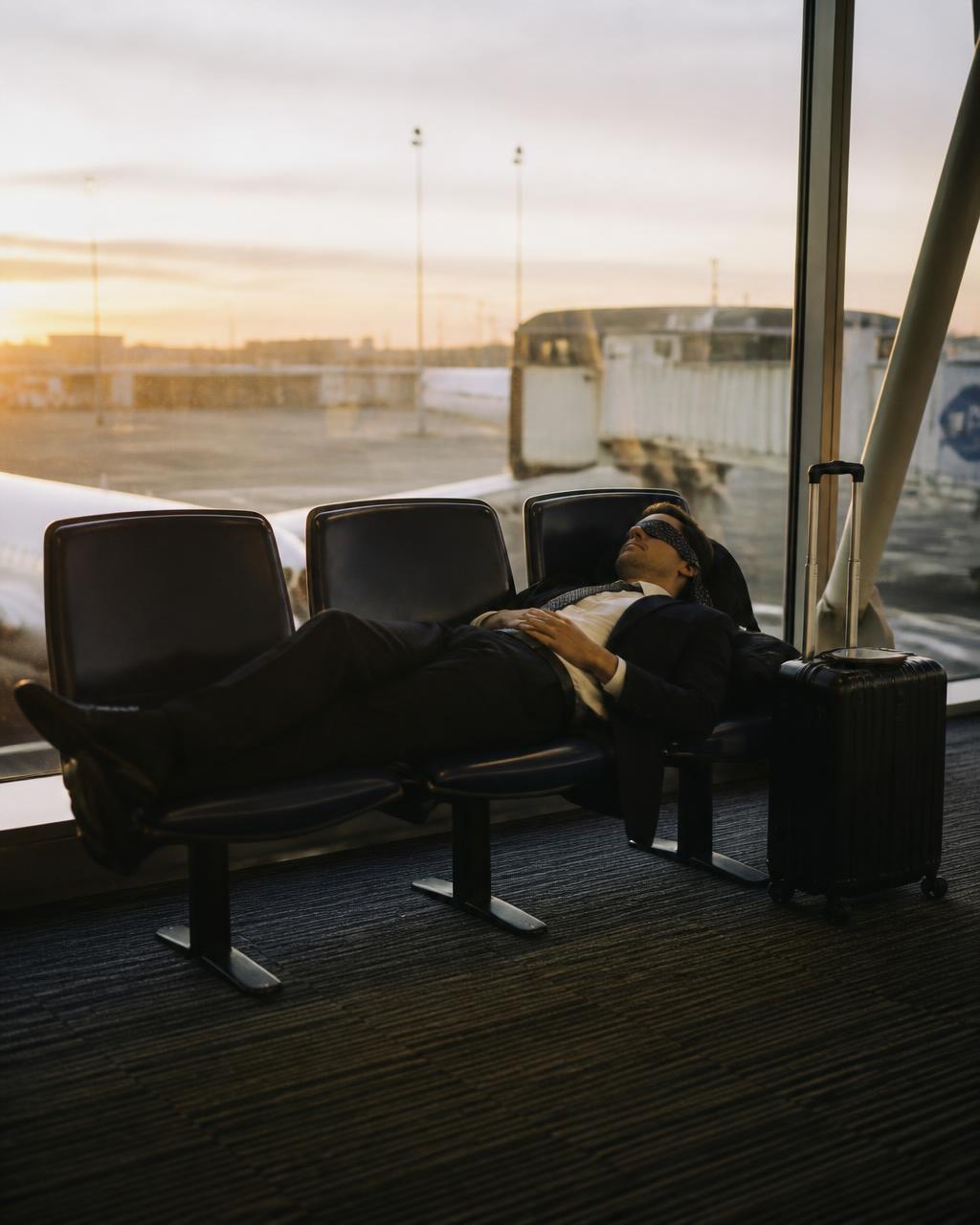 Man in a suit sleeping across airport seats with his tie over his eyes