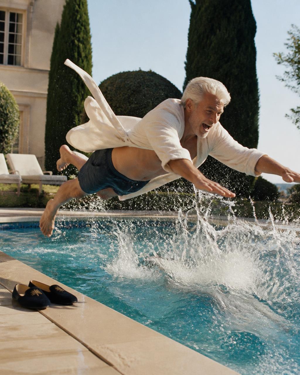 Silver-haired man in a bathrobe diving into a hotel pool