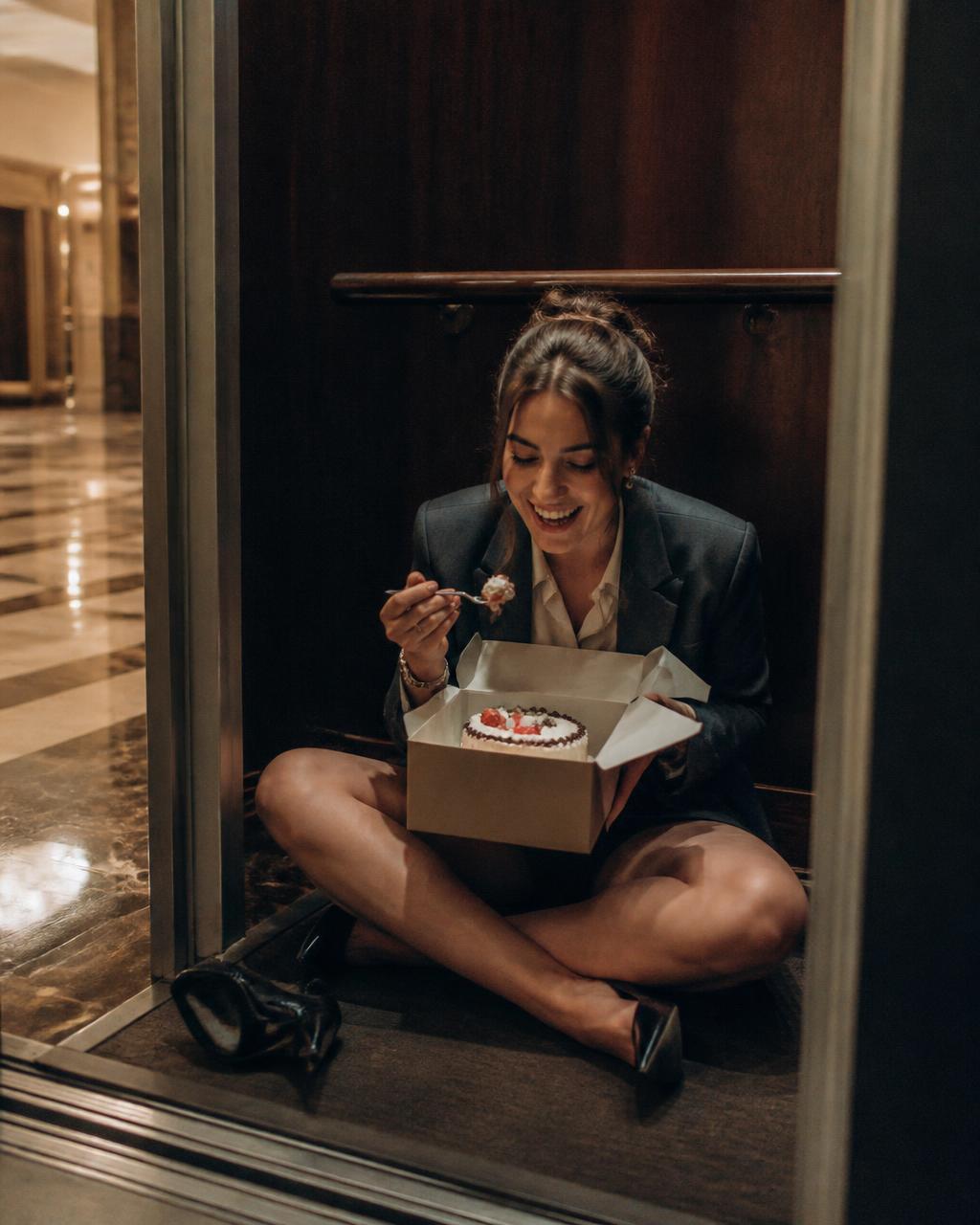 Woman in office clothes eating birthday cake on an elevator floor