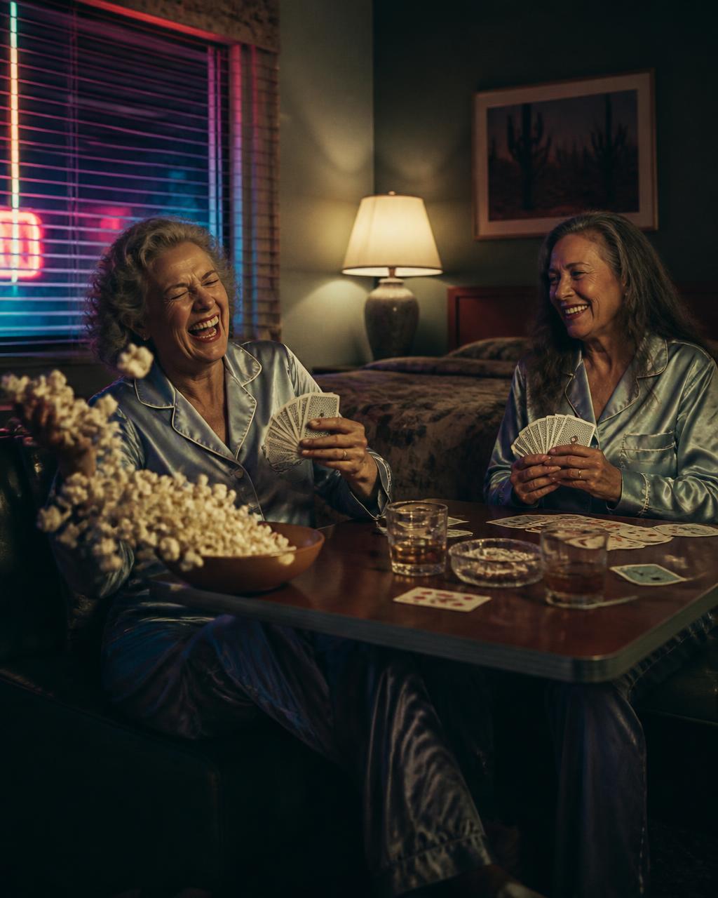 Two older women in silk pajamas playing cards at a motel