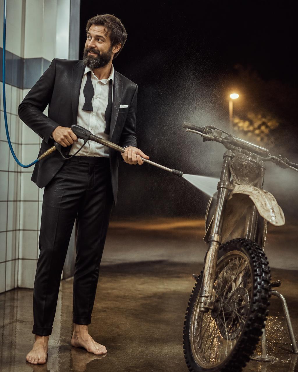 Barefoot man in a tuxedo washing a dirt bike