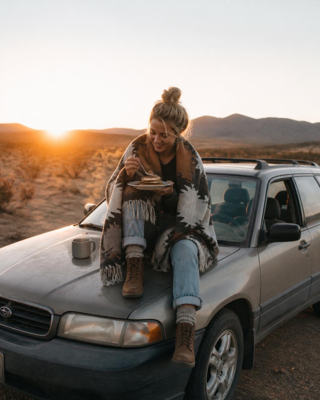 Woman eating pancakes on the hood of a station wagon at sunrise