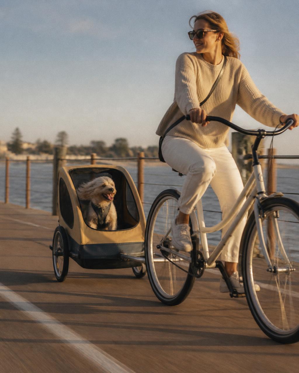 Shaggy dog riding in a bicycle trailer on a coastal boardwalk