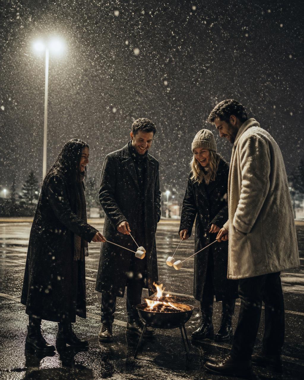 Friends roasting marshmallows in a snowy office parking lot