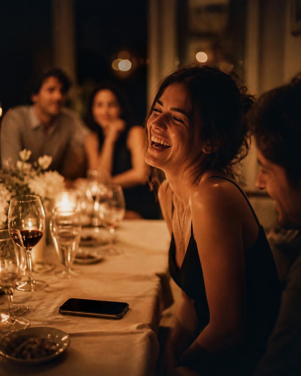 Woman laughing at a dinner party, phone face-down ignored