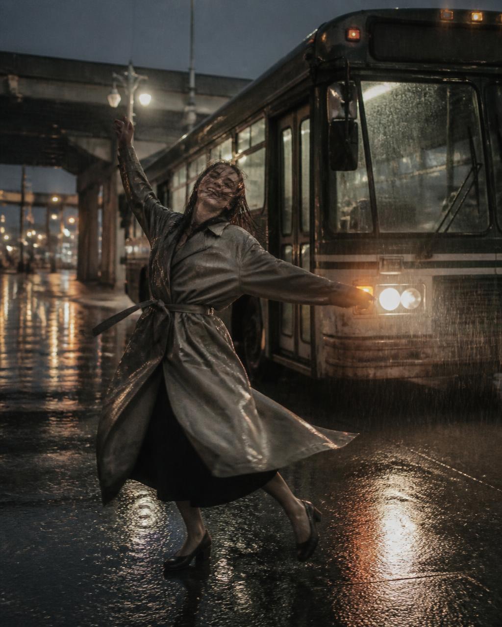 Woman dancing beside a city bus in heavy rain