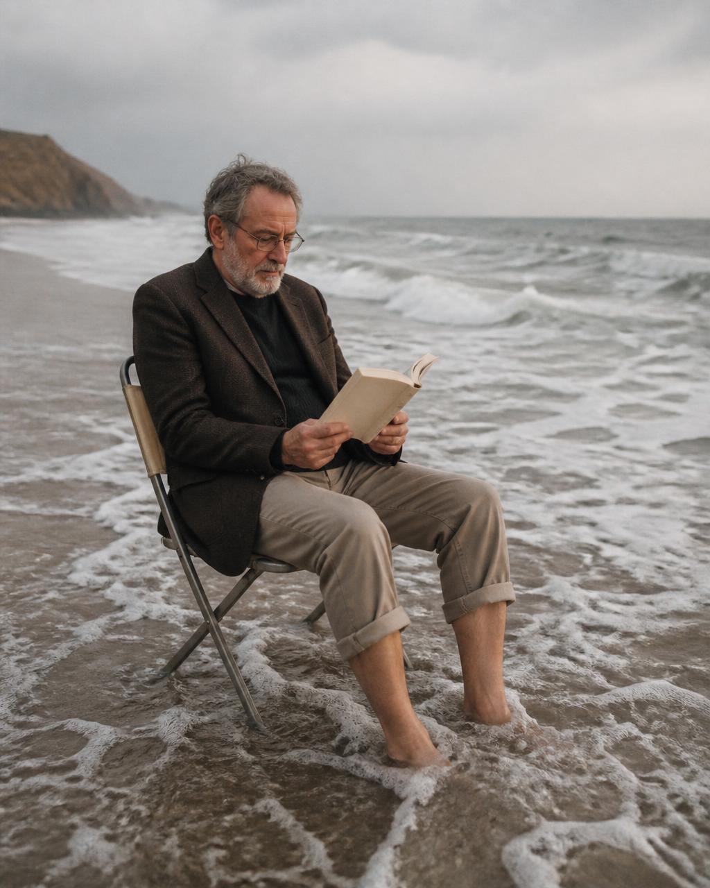 Older man reading in a folding chair while waves wash over his feet