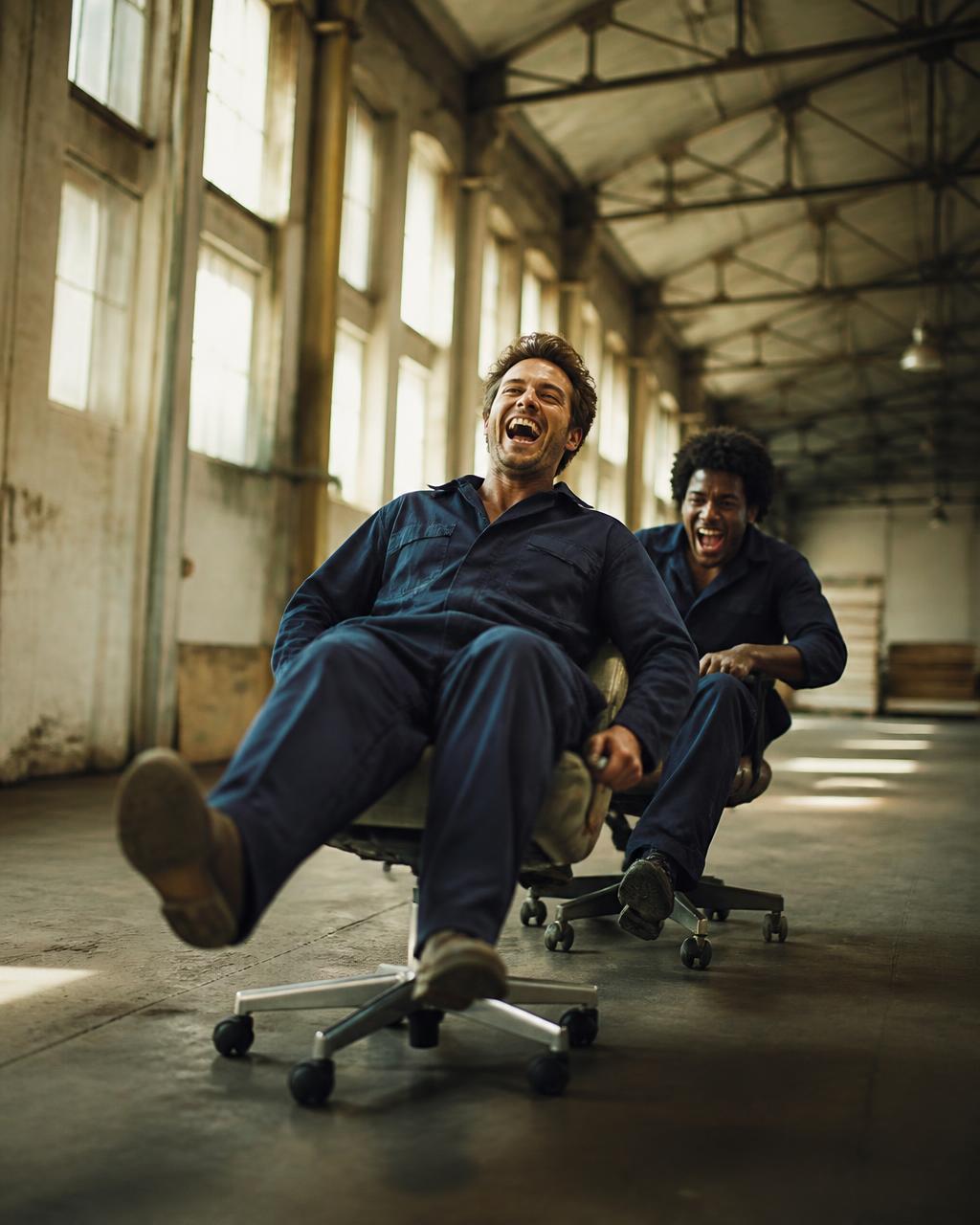 Two workers racing office chairs through an empty warehouse