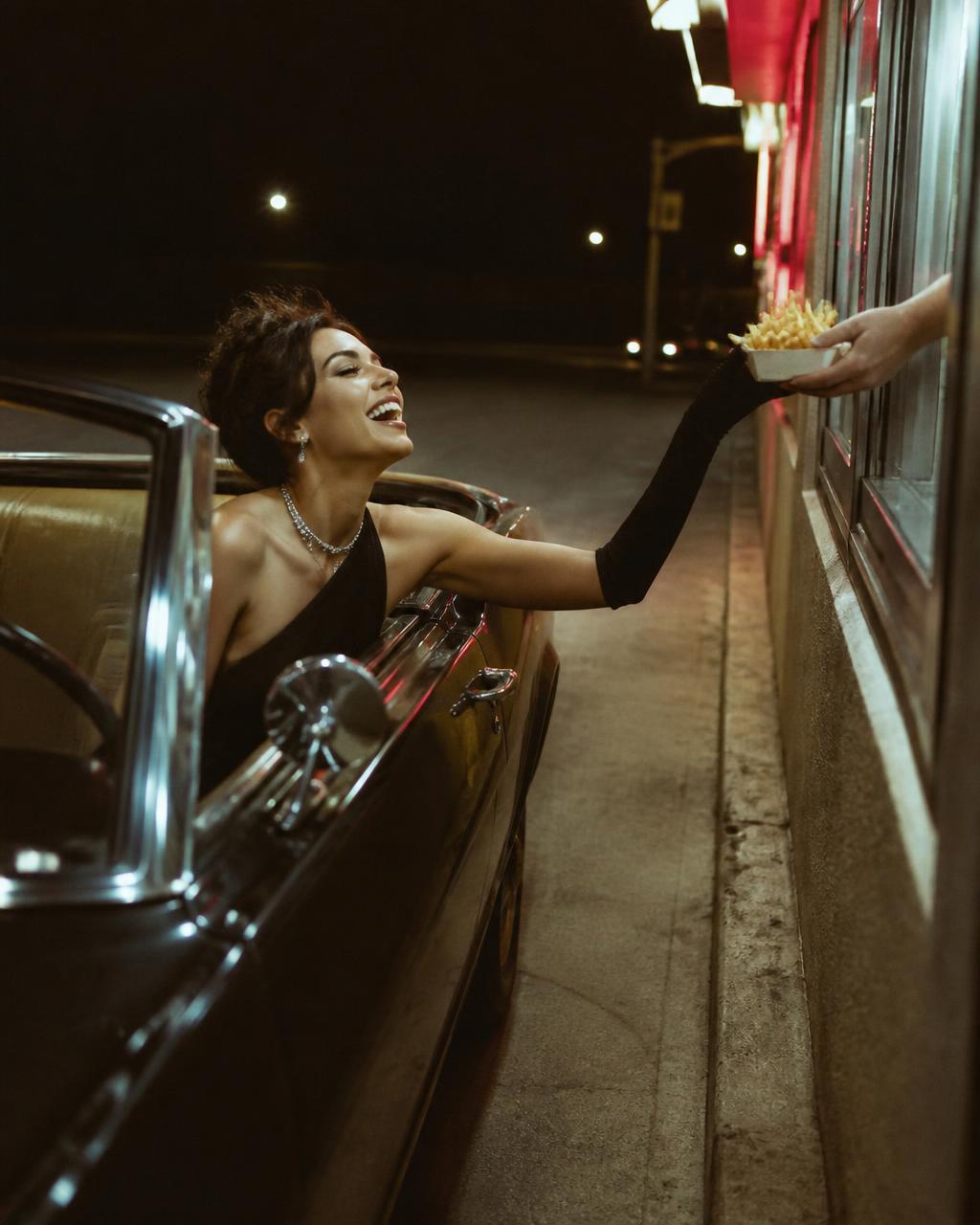 Woman in an evening gown collecting fries from a drive-through