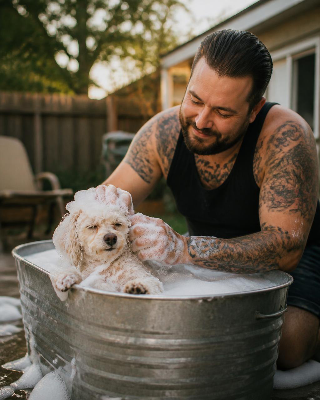 Tattooed man giving a tiny poodle a bubble bath outdoors