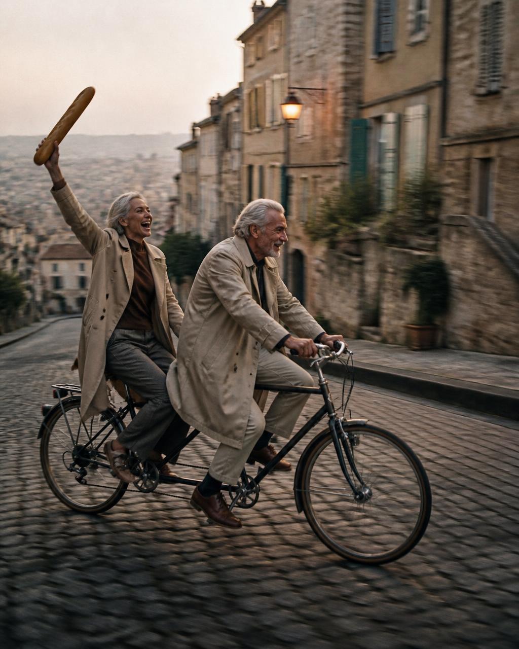 Older couple riding a tandem bicycle with a baguette held overhead