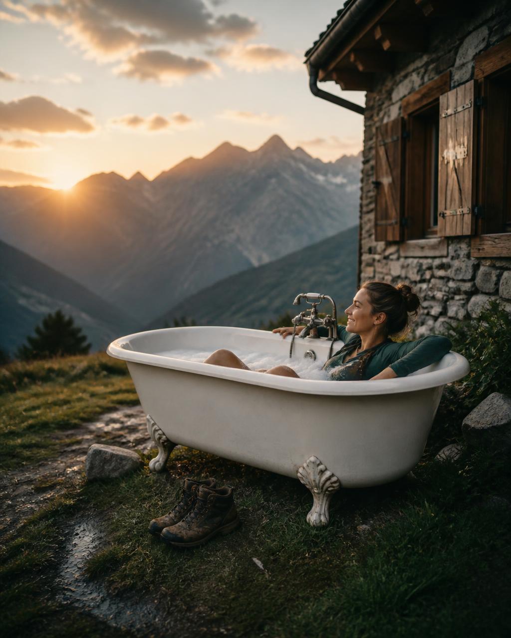 Woman relaxing in an outdoor clawfoot tub beside an alpine cabin