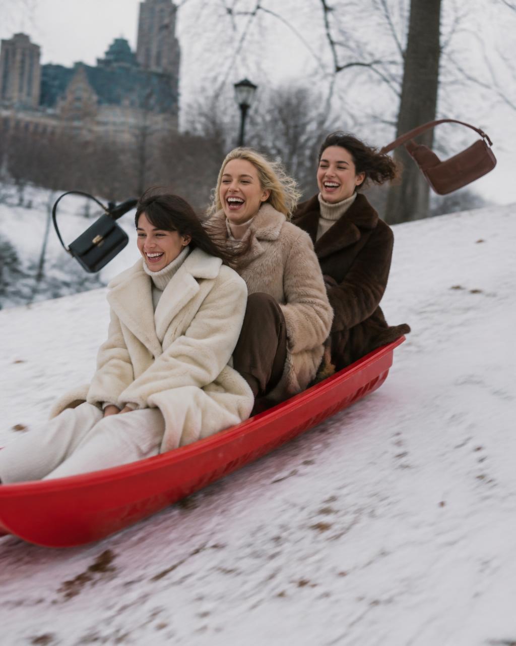 Three women in elegant coats sledding down a snowy city hill