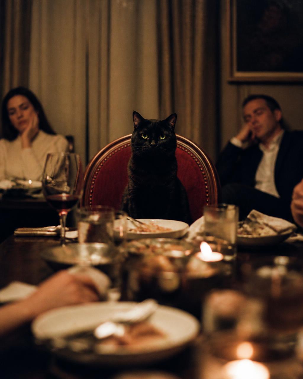Black cat seated at the head of a dinner table after a party