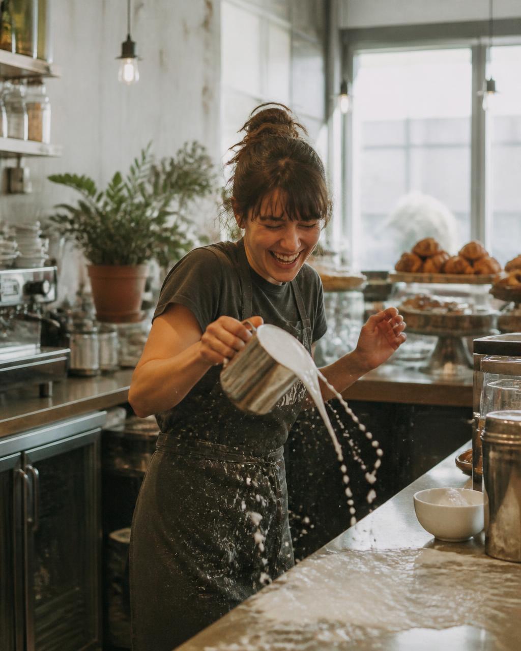 Barista laughing as milk spills everywhere