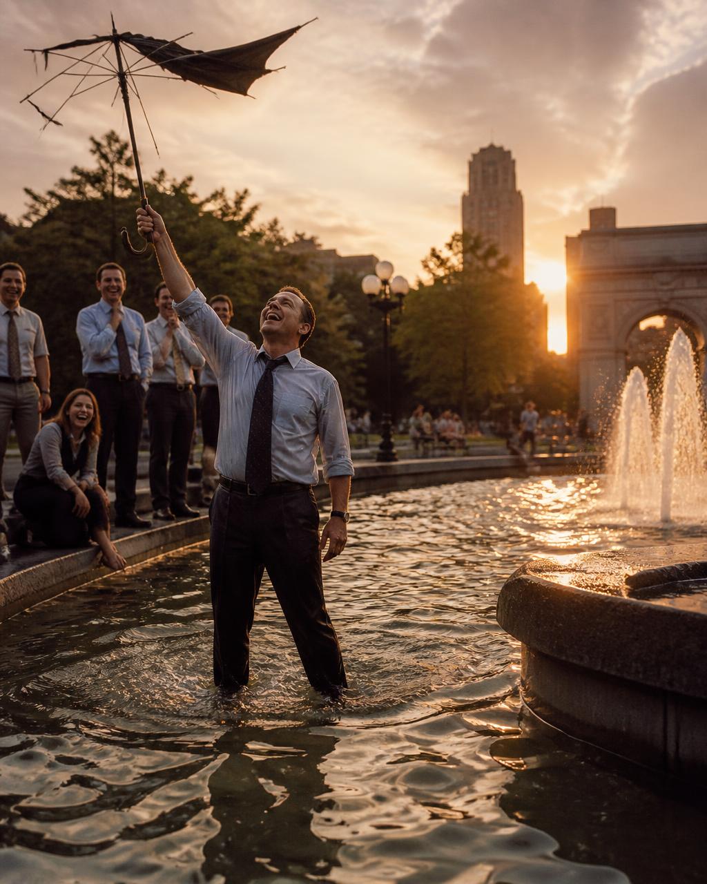 Office worker standing in a city fountain holding a broken umbrella