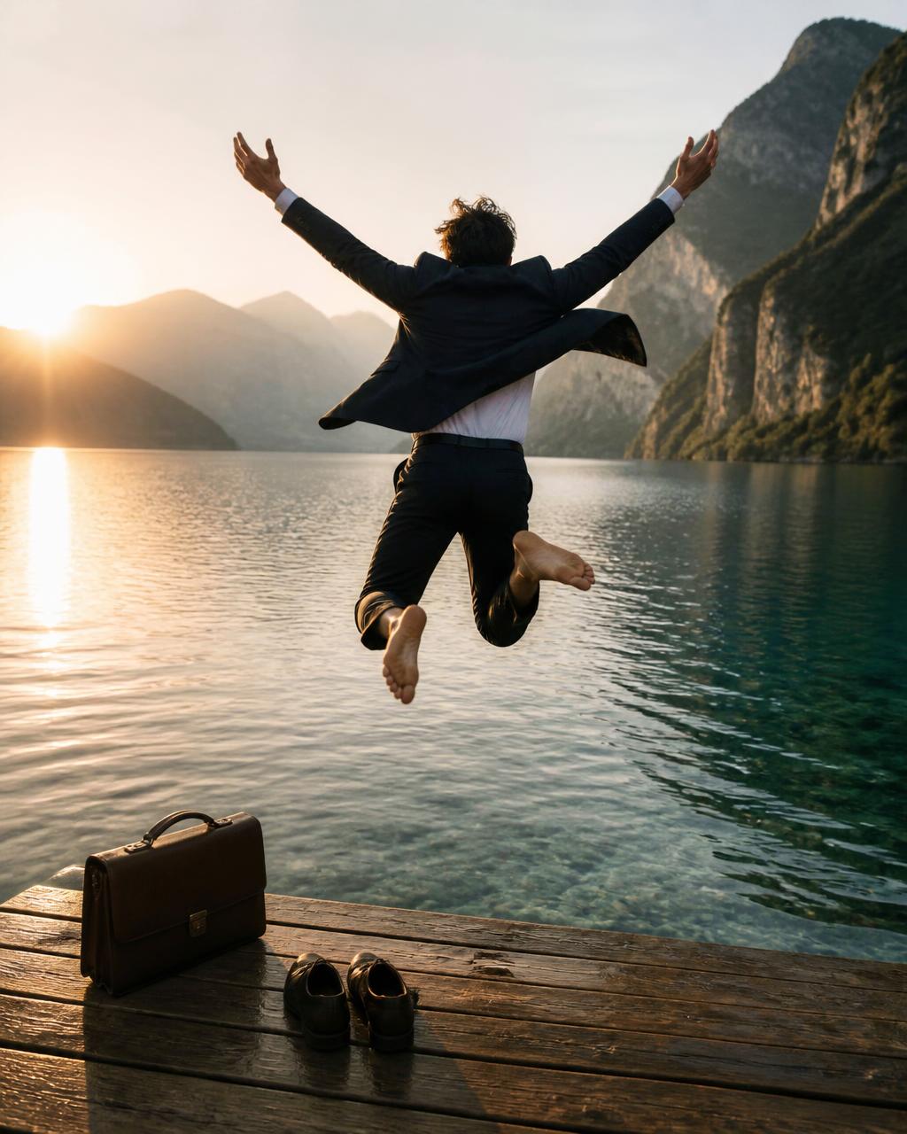 Man in a business suit jumping from a dock into a mountain lake