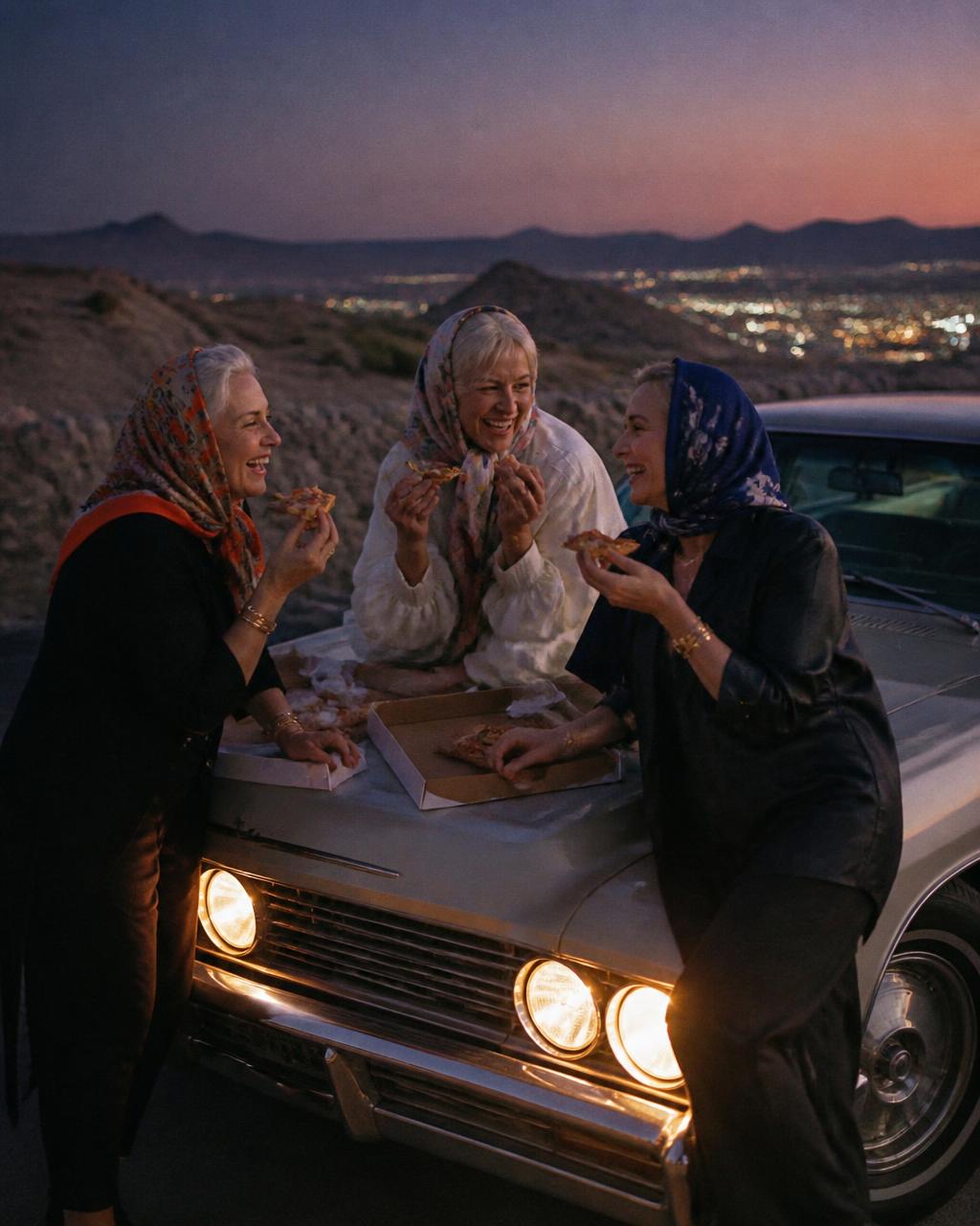 Three older women eating pizza on a vintage car at dusk