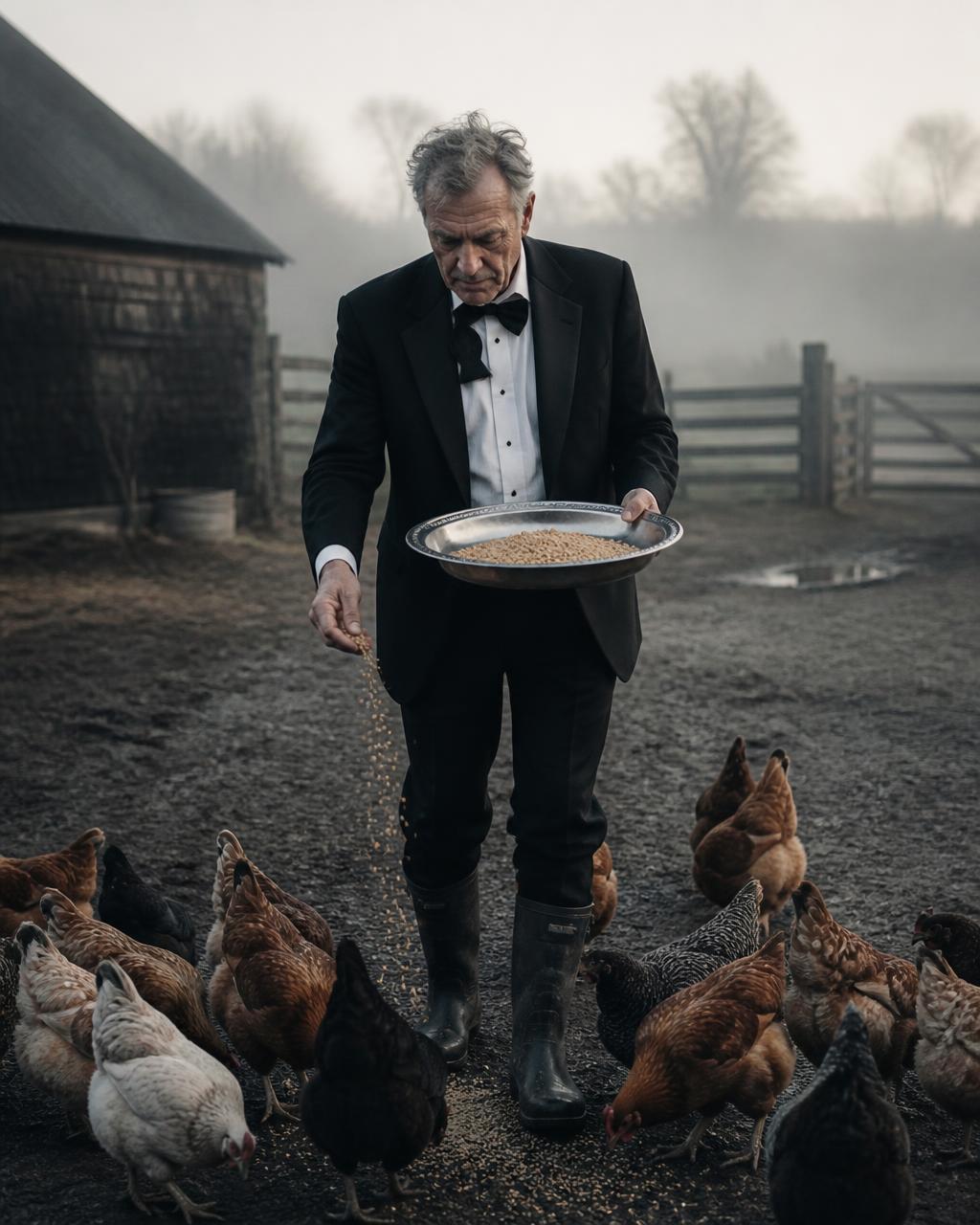 Older man in a tuxedo and rubber boots feeding chickens