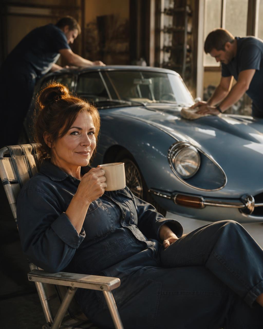Woman in mechanic coveralls drinking coffee while a classic car is polished