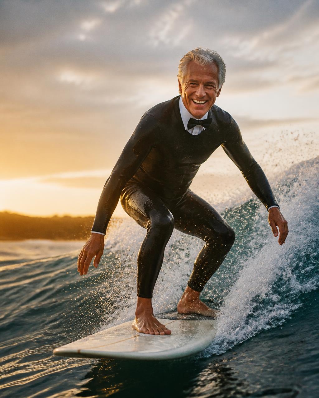 Silver-haired man surfing at sunrise in a bow tie