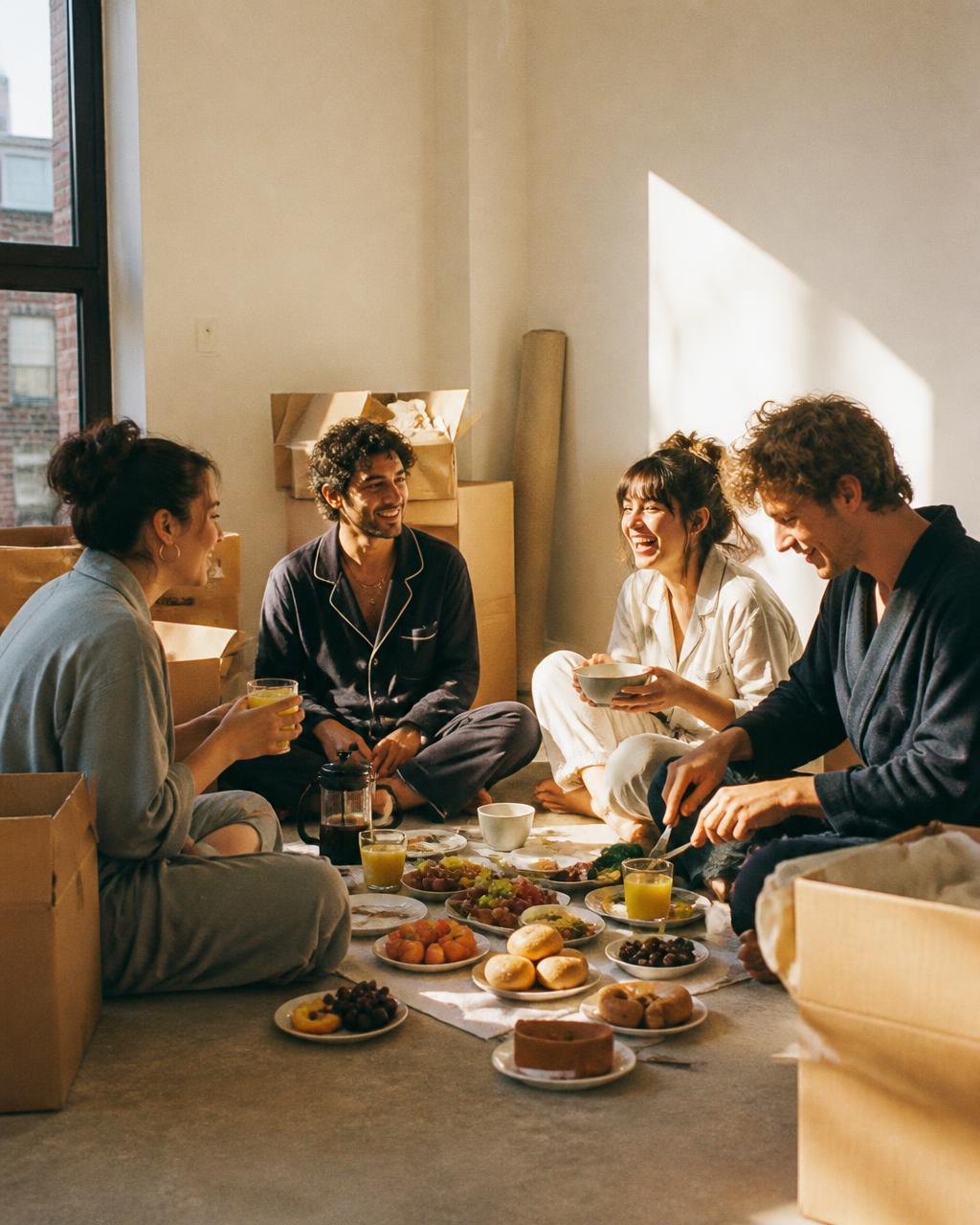 Friends in pajamas eating breakfast on an empty apartment floor