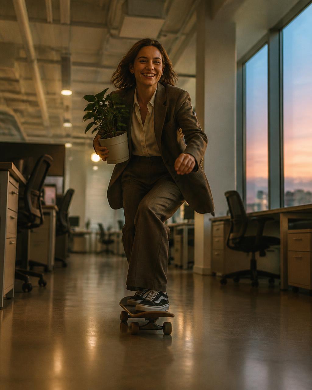 Woman in a suit skateboarding through an office with a plant