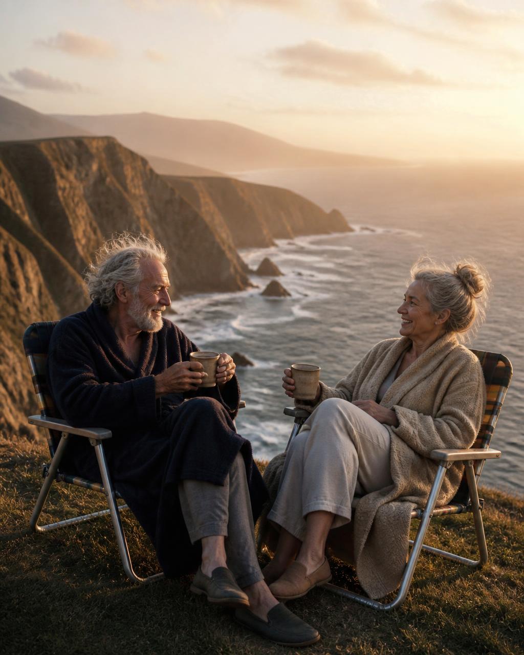 Older couple in robes sharing coffee beside an ocean cliff