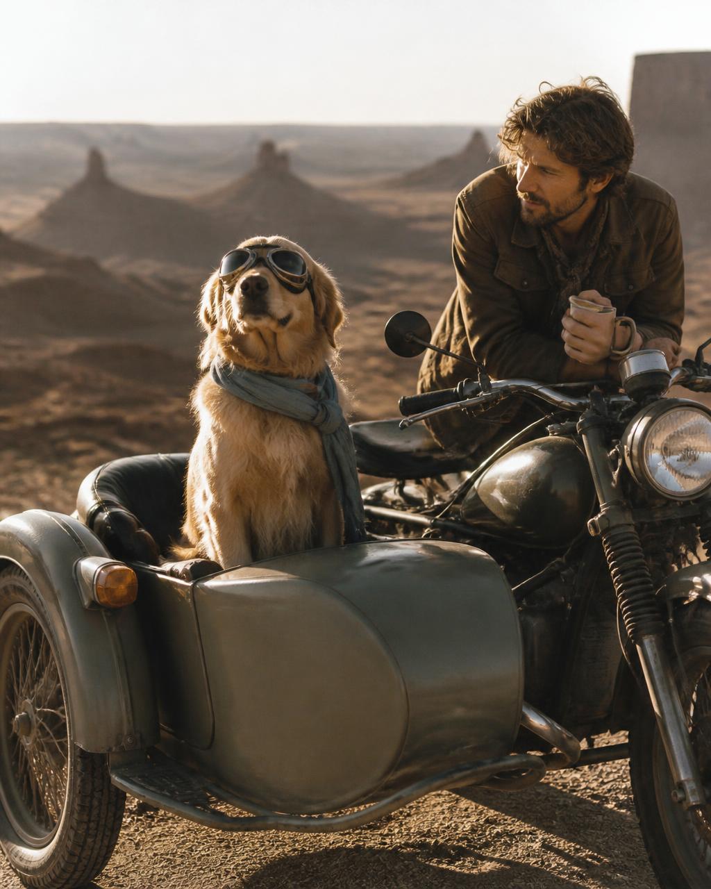 Golden retriever in goggles riding in a motorcycle sidecar