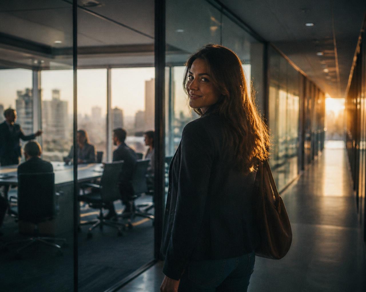 Woman walking away from a glass meeting room, smiling
